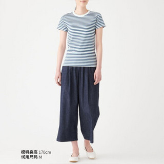 无印良品 MUJI 女式 双罗纹编织 圆领短袖T恤（条纹） 烟熏蓝色X横条 M