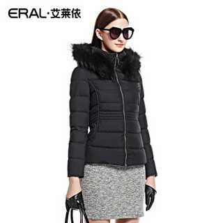 艾莱依新款韩版连帽修身保暖女士短款羽绒服ERAL2046D 炭石黑 S