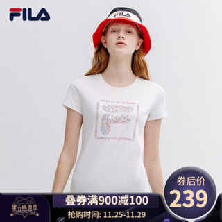 FILA 斐乐官方 女子短袖T恤 2019夏季新款烫钻短袖衫女装 标准白B-WT 170/88A/L