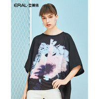 ERAL 艾莱依 春季新款圆领五分袖女士雪纺衫宽松潮40568-FXAD 黑色 170/92A/XL