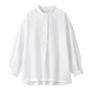 无印良品 MUJI 女式 亚麻水洗 立领束腰长上衣 白色 M-L