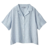 無印良品 MUJI 無印良品 女式 亚麻水洗 条纹短袖开襟衬衫 烟熏蓝色 M-L