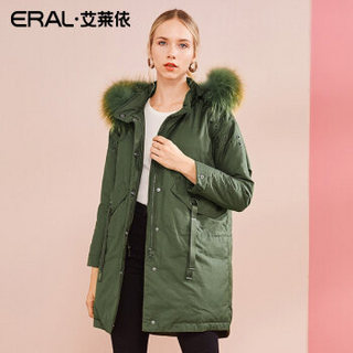 艾莱依女款时尚羽绒服女新品连帽彩色大毛领 军绿 155/80A/S