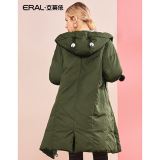 ERAL/艾莱依2018冬季新款女士羽绒服中长款加厚毛球外套 军绿 155/80A/S