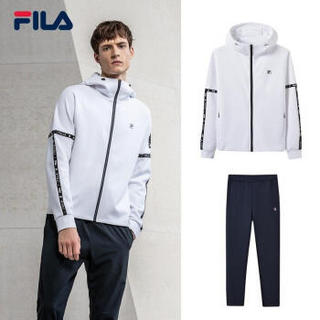 FILA 斐乐 男子套装2019春季新品休闲运动针织连帽外套直筒裤男裤 玉石白-F11M914504FWT,F11M917 185/104A/XXL