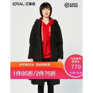 艾莱依2019冬季新款宽松保系带连帽羽绒服女中长款601801037 炭黑 175/96A/XXL