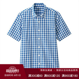 无印良品 MUJI 男式 新疆棉水洗平纹 格纹短袖衬衫 蓝色 L