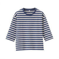 无印良品 MUJI 孩童 粗棉线宽版 七分袖T恤 烟熏蓝色X横条 120-130
