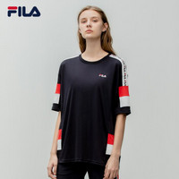 FILA 斐乐官方 女子短袖T恤 2019秋季新款撞色串标宽松休闲短T女 传奇蓝-NV 180/96A/XXL