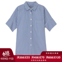 無印良品 MUJI 無印良品 女式 宽版短袖格子衬衫 蓝色 XS/S