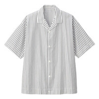 無印良品 MUJI 無印良品  Labo 男女通用 棉平纹 落肩短袖衬衫 米白色X条纹 S-M