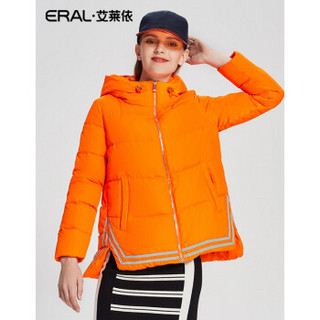 艾莱依明星同款A版连帽羽绒服女条纹撞色光感保暖上衣ERAL12010-FDAB 荧光橙 170/92A/XL