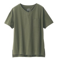 無印良品 MUJI 無印良品 女式 印度棉粗细不均天竺编织 V领短袖T恤 烟熏绿色 L