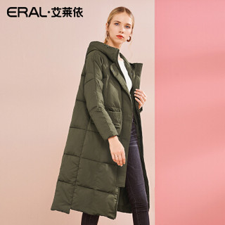ERAL/艾莱依2018冬季新款印花韩版个性口袋羽绒服女大衣 深卡其 160/84A/M