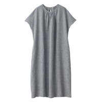 無印良品 MUJI 無印良品 女式 亚麻水洗 格纹短袖连衣裙 海军蓝 L