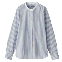 無印良品 MUJI 無印良品 女式 棉水洗平纹 条纹立领衬衫 深海军蓝 M