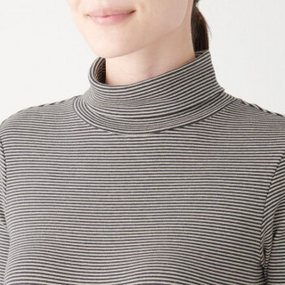 无印良品 MUJI 女式 弹力罗纹编织 条纹高领T恤 燕麦色X横条 XL