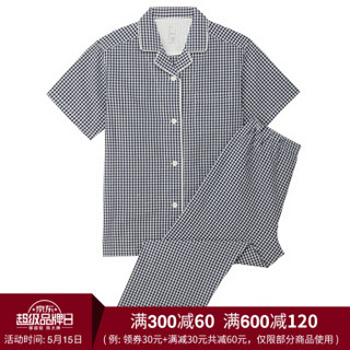 无印良品 MUJI 女式 无侧缝泡泡纱睡衣 海军蓝X格子 L