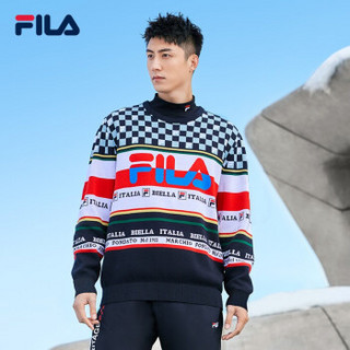 FILA 斐乐官方 黄景瑜同款 男子编织衫 2019冬季新款撞色复古棋盘格宽松线衣套头衫 标准白-WT 185/104A/XXL