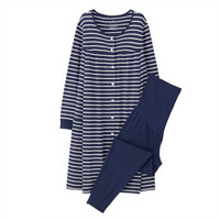 无印良品 無印良品 MUJI 孕妇 无侧缝柔软双罗纹 便于哺乳长袖睡衣 海军蓝X横条 M-L