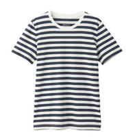 無印良品 MUJI 女式 印度棉天竺编织 圆领短袖T恤 深海军蓝X条纹 XL