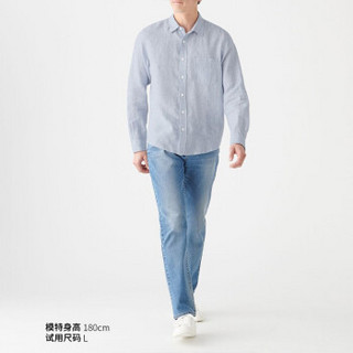 无印良品 MUJI 男式 亚麻水洗 条纹衬衫 天蓝色 M