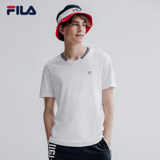 FILA 斐乐官方 男子短袖T恤 2019夏季新款简约休闲V领短袖衫男装 标准白-WT 185/104A/XXL