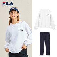 FILA  斐乐官方  女子套装 2019秋季新款套头卫衣针织休闲长裤 玉石白+RD宝蓝 S