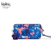 Kipling女士钱包2018年新款时尚手拿包长款拉链钱包零钱包 蓝色迷彩狗印花