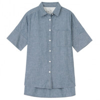 無印良品 MUJI 無印良品  女式 棉钱布雷宽版短袖衬衫 蓝色 XS-S