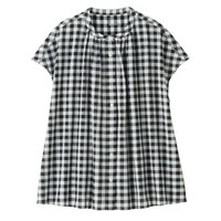 無印良品 MUJI 無印良品  女式 新疆棉强捻双重格子 法国袖罩衫 黑色 M-L