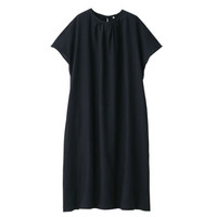 無印良品 MUJI 無印良品 女式 亚麻水洗 短袖连衣裙 深海军蓝 XL