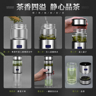 卡西菲玻璃杯男双层隔热带茶隔滤网泡茶杯 茶水分离便携茶道泡茶水杯子带盖耐热商务礼品办公杯茶人杯 醉意蓝400ml+杯刷