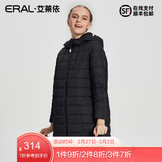 艾莱依新品爱宠大机密印花连帽中长款羽绒服女ERAL16348-FDAC 黑色 155/80A/S