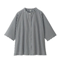 無印良品 MUJI 無印良品  女式 新疆棉平纹双重格子 五分袖罩衫 黑色 M-L