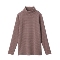無印良品 MUJI 無印良品  女式 弹力罗纹编织 条纹高领T恤 深紫红色X横条 L