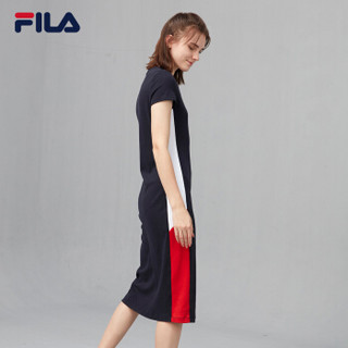 FILA 斐乐官方White Line系列女子连衣裙 2019秋季新款POLO领针织连衣裙长裙 传奇蓝-NV 175/92A/XL