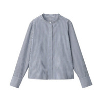 無印良品 MUJI  女式 新疆棉水洗平纹 立领衬衫 海军蓝X条纹 L