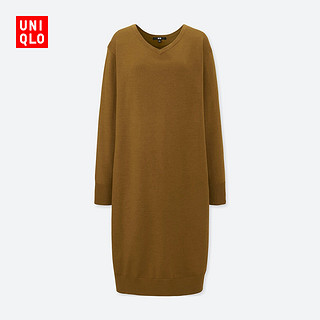 UNIQLO 优衣库 409077 羊毛混纺V领连衣裙 (烟灰色、S)