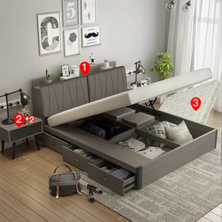 拉斐曼尼 BSA008 储物高箱实木双人床(1.5m床+床头柜*2+床垫)