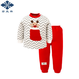 俞兆林 秋冬儿童空气棉内衣套装 波浪几何鹿红色 80
