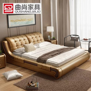 Qushang 曲尚 ZPC082 头层牛皮双人床 1.8*2m +山棕床垫+床头柜 2个