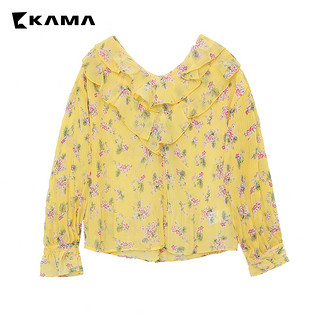 KAMA 卡玛 7218858 荷叶边长袖碎花衬衫 黄色 M