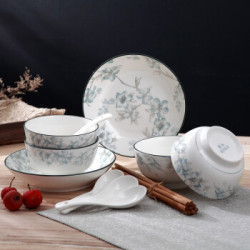 孟垣14/16/18件套玉兰齐芳日式釉下彩家用碗盘餐具套装陶瓷饭盘米饭碗菜盘子圆盘汤碗面碗 14头圆盘套装