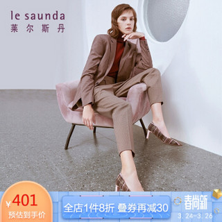 莱尔斯丹 le saunda 时尚休闲尖头套脚拼色格子纹高跟女单鞋LS 9T66901 粉棕色织物/粉色牛皮革 35
