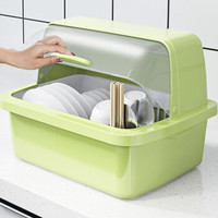 多美忆 沥水碗架带水槽 厨房置物架 塑料带盖碗碟收纳柜  特大号-北欧绿