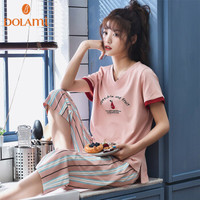 多拉美睡衣女夏纯棉短袖清新甜美夏季女士家居服可外穿套装 DL1022015 粉色 L