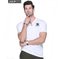 吉普(JEEP)短袖T恤男装休闲薄款透气舒适百搭V领男士上衣2018夏季新品11845604022  白色 2XL