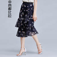 尚都比拉（Sentubila）夏季中长款荷叶边个性不规则雪纺半身裙 182Q0320594 花色 S