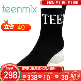 Teenmix/天美意冬纺织品尖头字母透明粗高跟女短靴HL11ADD8 黑色 34